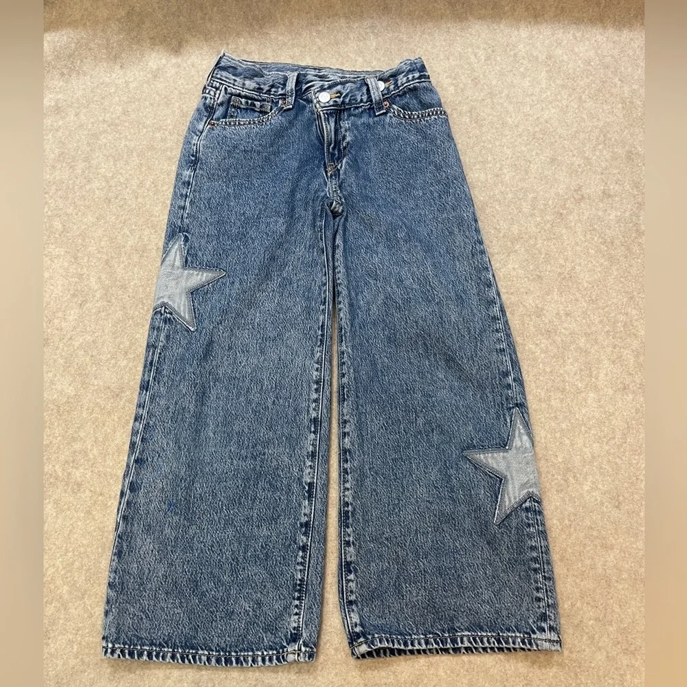 Old Navy High Rise Super Baggy Wide Leg Star Patch Denim Blue Jeans Girls size 8